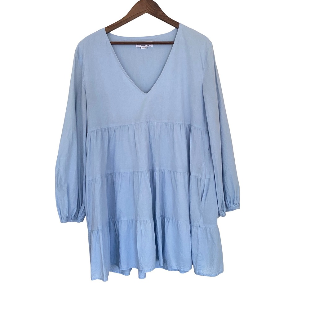 Charlie Holiday Tiered Mini Dress Size 6 Blue Cotton V Neck Babydoll Australian